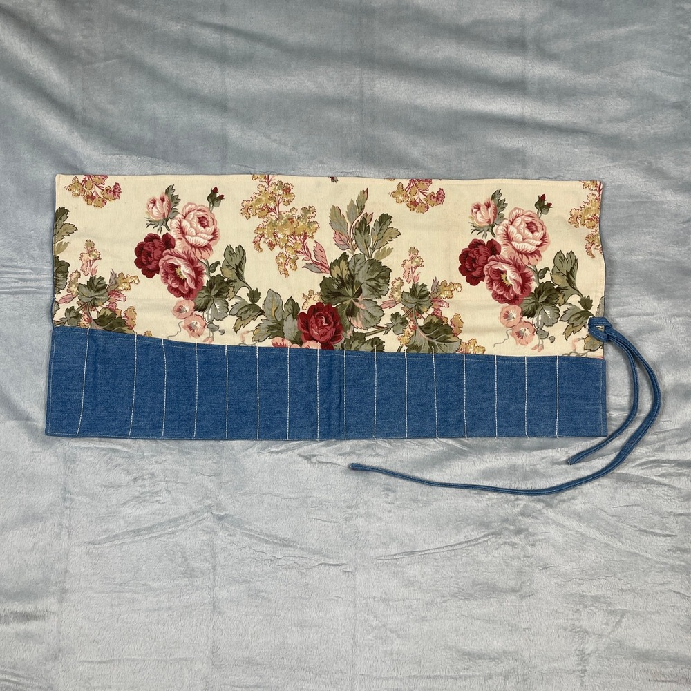 Floral Print Denim Roll Up Paint Brush Jewelry‎ Make Up Organizer Pouch Holder